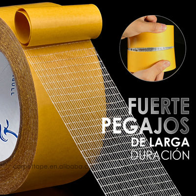 Cinta de fibra de vidrio de doble cara con adhesión de pelado de 72 oz/in, resistencia a la tracción de 45 lbs/in y elongación a la rotura del 5-7%