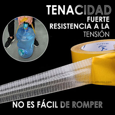 Cinta de fibra de vidrio de doble cara con adhesión de pelado de 72 oz/in, resistencia a la tracción de 45 lbs/in y elongación a la rotura del 5-7%